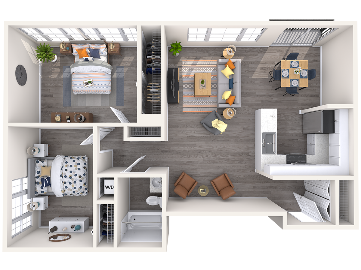 Floor plan for 2 beds, 1 bath, 932 sqft